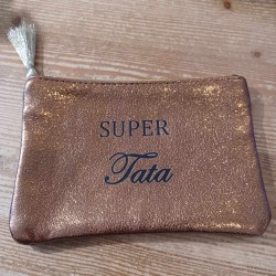 Pochette enduite paillettes "Super Tata" (vieux rose)